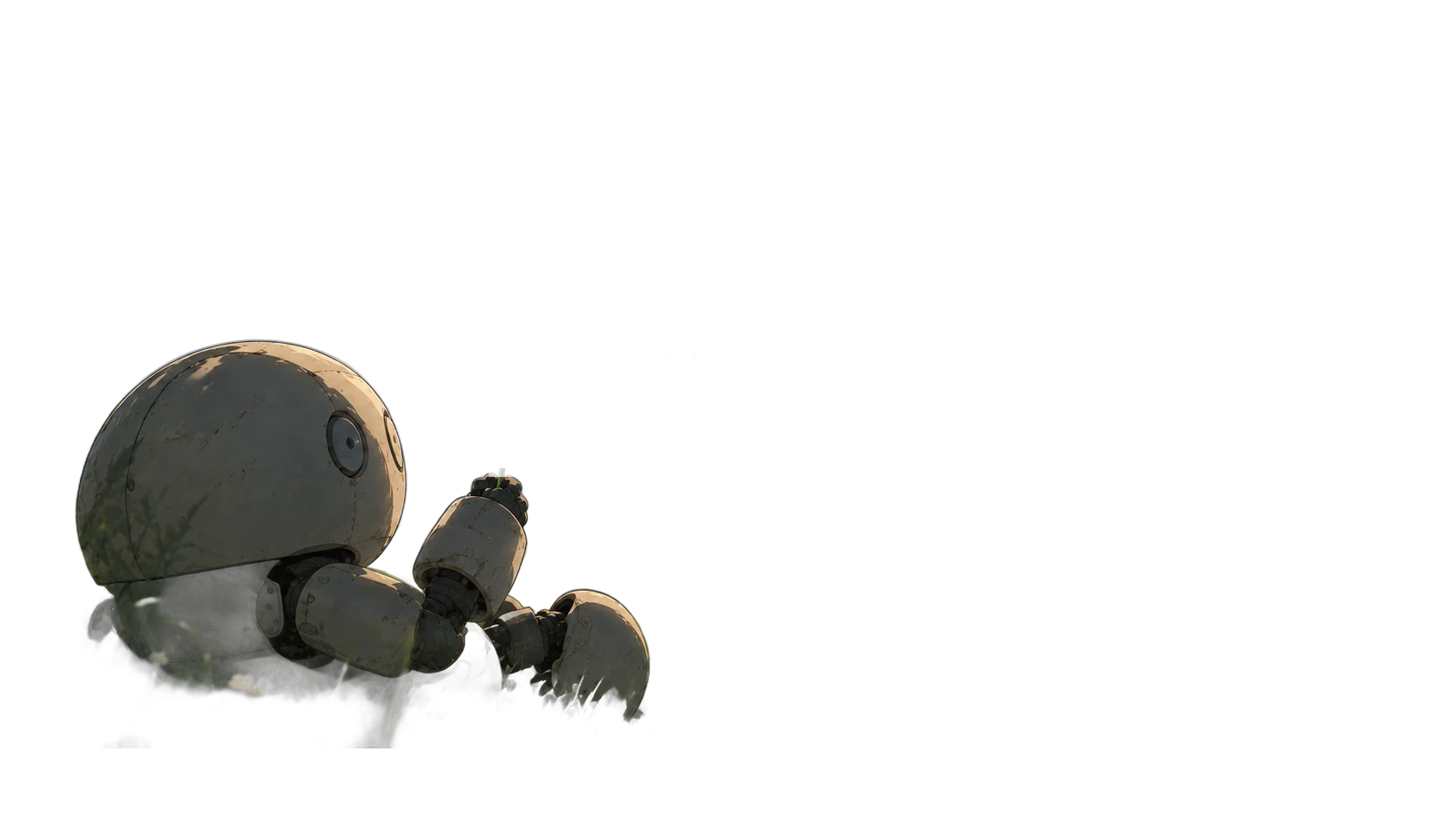 A round, weathered robot lying in a meadow above a valley of wind turbines
